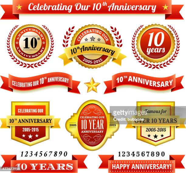 ten year anniversary royalty free vector background with golden badges - 10 11 years stock illustrations