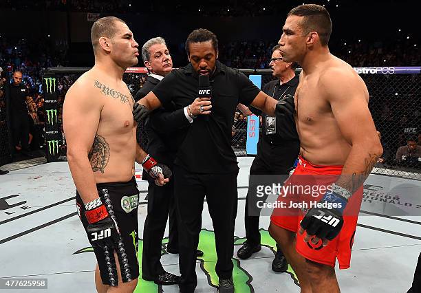 Cain Velasquez of the United States and Fabricio Werdum of Brazil face off before their UFC heavyweight championship bout during the UFC 188 event...