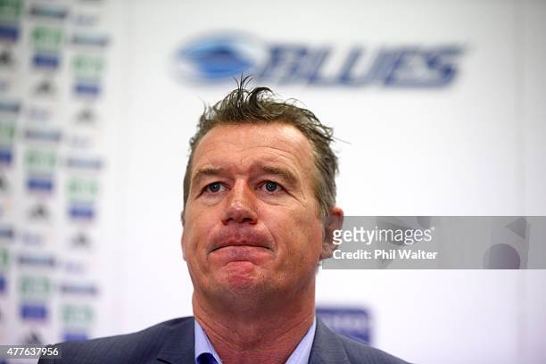Sir John Kirwan announces that he is stepping down from the role of Blues head coach as he speaks to the media during a Blues Super Rugby press...