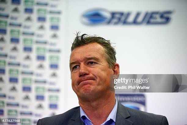 Sir John Kirwan announces that he is stepping down from the role of Blues head coach as he speaks to the media during a Blues Super Rugby press...