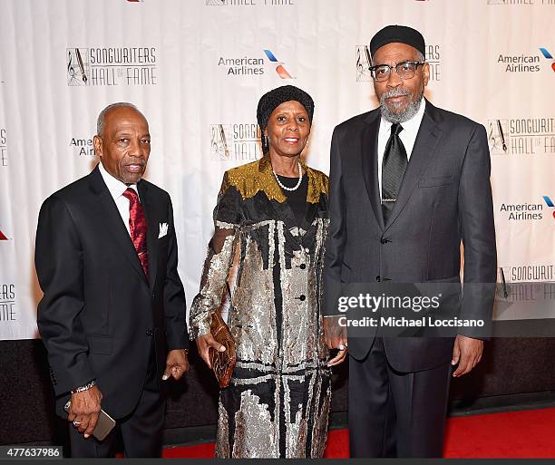 Songwriter Leon Huff, Faatimah Gamble, and Songwriter Kenneth Gamble attend the Songwriters Hall Of Fame 46th Annual Induction And Awards at Marriott...