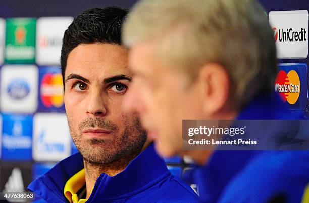 Arsene Wenger , manager of Arsenal FC and Mikel Arteta address the media during a press conference ahead of their UEFA Champions League round of...