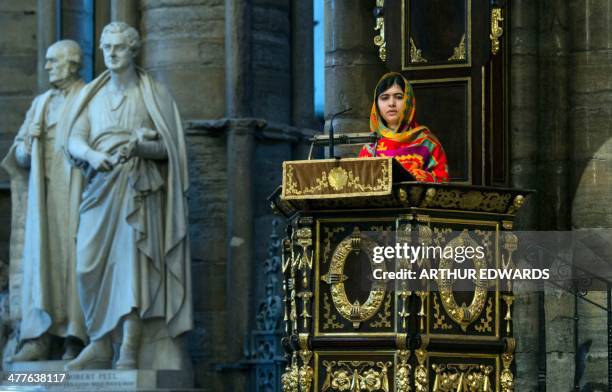 Pakistani schoolgirl Malala Yousafzai, who survived being shot in the head by the Taliban, addresses the congregation during the annual Commonwealth...