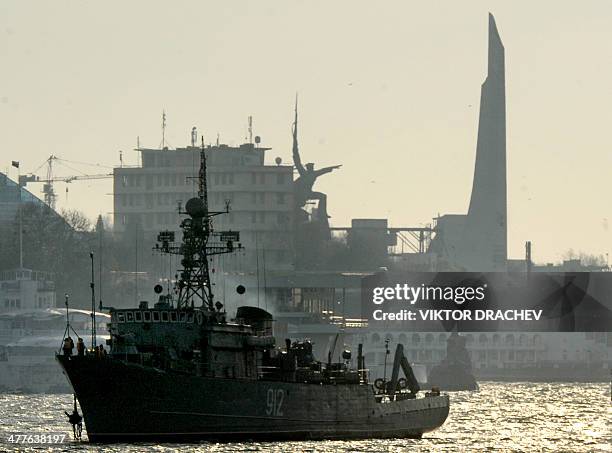 The Turbinist Russian navy minesweeper patrols the harbor of Sevastopol, on March 10, 2014. The Ukrainian flag has never really been embraced in...