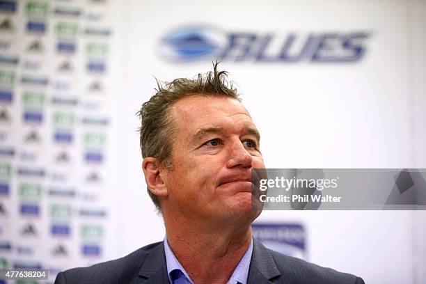 Sir John Kirwan announces that he is stepping down from the role of Blues head coach as he speaks to the media during a Blues Super Rugby press...