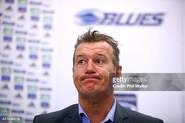Sir John Kirwan announces that he is stepping down from the role of Blues head coach as he speaks to the media during a Blues Super Rugby press...