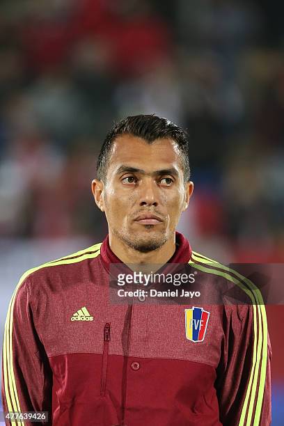 Juan Arango of Venezuela looks on during the national anthem ceremony prior the 2015 Copa America Chile Group C match between Peru and Venezuela at...