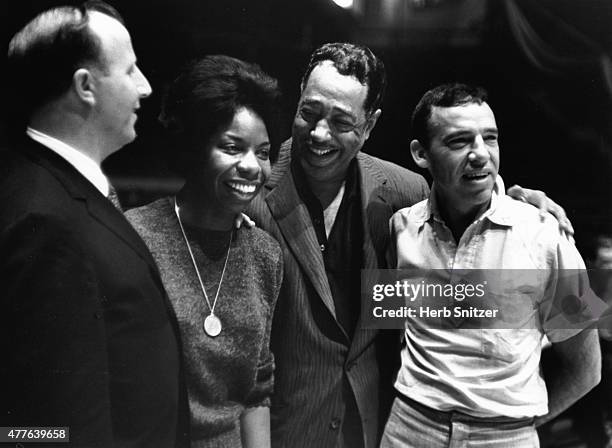 Jazz musicians George Shearing, Nina Simone, Duke Ellington, and Buddy Rich pose for a portrait at Madison Square Garden Jazz Festival in 1959 in New...