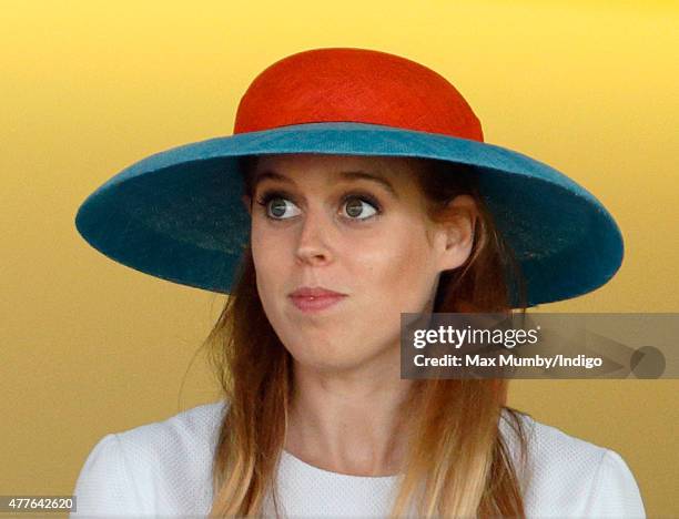 Princess Beatrice watches Queen Elizabeth II's horse 'Dartmouth' run in The King George V Stakes on day 3, Ladies Day, of Royal Ascot at Ascot...