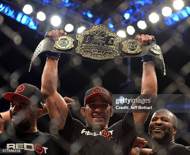 Fabricio Werdum of Brazil celebrates after defeating Cain Velasquez of the United States in their UFC heavyweight championship bout during the UFC...