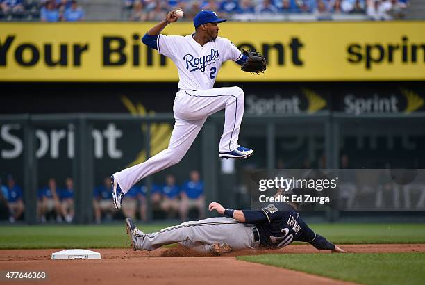 Alcides Escobar of the Kansas City Royals leaps over Jonathan Lucroy of the Milwaukee Brewers as he throws to first on a double play attempt at...