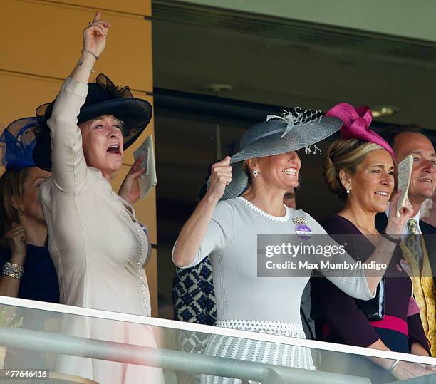 Sophie, Countess of Wessex cheers as she watches the Gold Cup on day 3, Ladies Day, of Royal Ascot at Ascot Racecourse on June 18, 2015 in Ascot,...