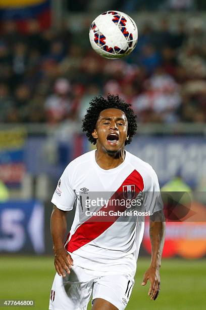 Yordy Reyna of Peru goes for the ball during the 2015 Copa America Chile Group C match between Peru and Venezuela at Elías Figueroa Brander Stadium...