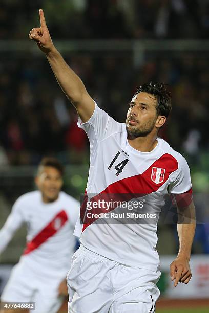 Claudio Pizarro of Peru celebrates after scoring the opening goal during the 2015 Copa America Chile Group C match between Peru and Venezuela at...