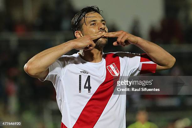 Claudio Pizarro of Peru celebrates after scoring the opening goal during the 2015 Copa America Chile Group C match between Peru and Venezuela at...
