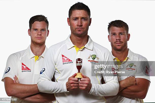 Steve Smith, Michael Clarke and David Warner of Australia poses during an Australian Cricket Team Ashes portrait session on June 1, 2015 in Roseau,...