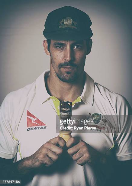 Mitchell Johnson of Australia poses during an Australian Cricket Team Ashes portrait session on June 1, 2015 in Roseau, Dominica.
