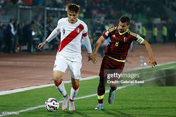 Paolo Guerrero of Peru fights for the ball with Tomas Rincon of Venezuela during the 2015 Copa America Chile Group C match between Peru and Venezuela...