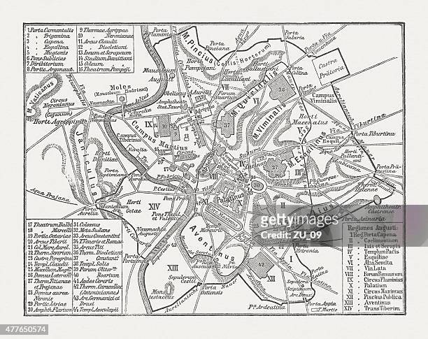 city map of ancient rome, wood engraving, published in 1878 - augustus caesar stock illustrations