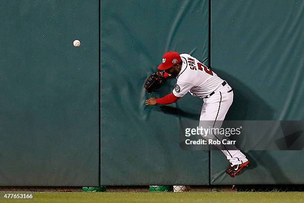 Denard Span of the Washington Nationals misses an RBI triple hit by David DeJesus of the Tampa Bay Rays in the sixth inning at Nationals Park on June...