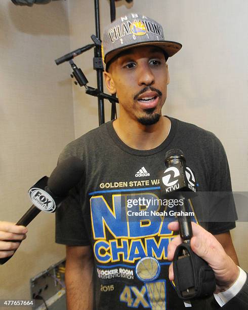 Shaun Livingston of the Golden State Warriors celebrates winning the Larry O'Brein Trophy after Game Six of the 2015 NBA Finals against the Cleveland...