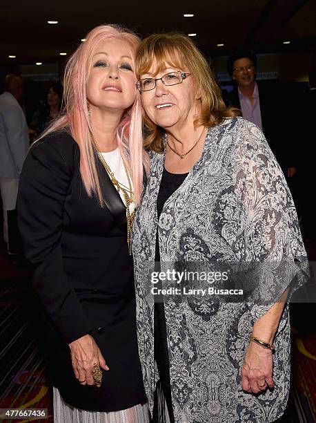 Cyndi Lauper and SHOF President/CEO Linda Moran attend Songwriters Hall Of Fame 46th Annual Induction And Awards at Marriott Marquis Hotel on June...