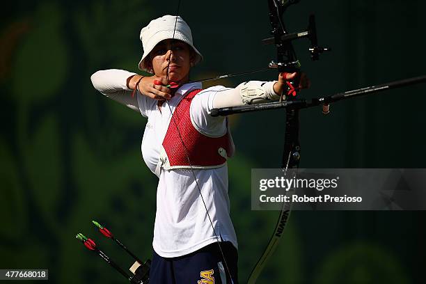 Alicia Marin of Spain competes against Laura Nurmsalu of Estonia in the Archery Women's Individual 1/32 Elemination during day seven of the Baku 2015...