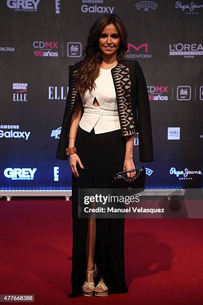 Actress Karla Diaz poses during a red carpet prior the presentation of the 9th edition of 'Elle: Mexico Designs 2015' at Bosque de Chapultepec on...