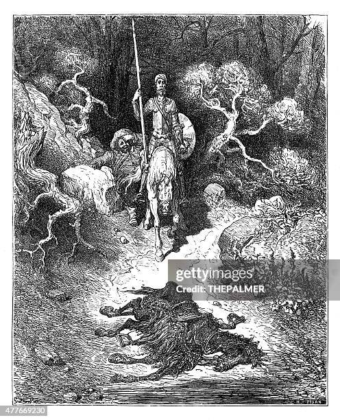 ilustraciones, imágenes clip art, dibujos animados e iconos de stock de don quijote encuentra a caballo corpse - don quixote horse