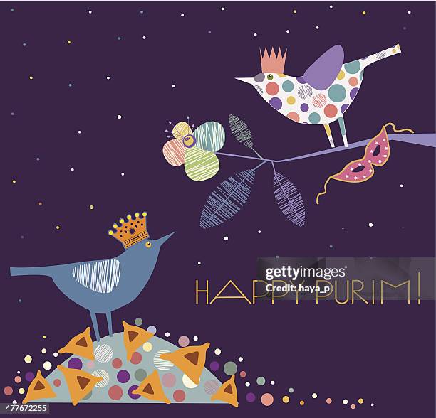 purim illustration mit vögeln und hamantaschen - purim stock-grafiken, -clipart, -cartoons und -symbole