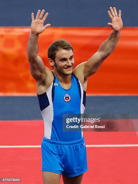 Tomas Gonzalez of Chile in the podium Men's Floor Event during day four of the X South American Games Santiago 2014 at Centro de Alto Rendimiento...