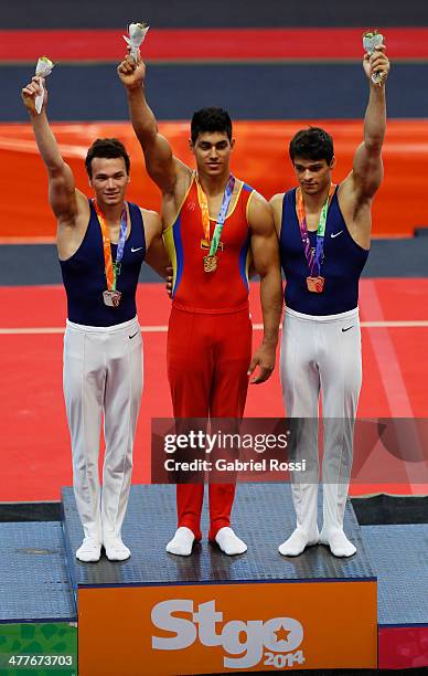 Pericles Silva of Brazil, Jhonny Munoz of Colombia and Francisco Barreto of Brazil in the podium of Men's Pommel Horse during day four of the X South...