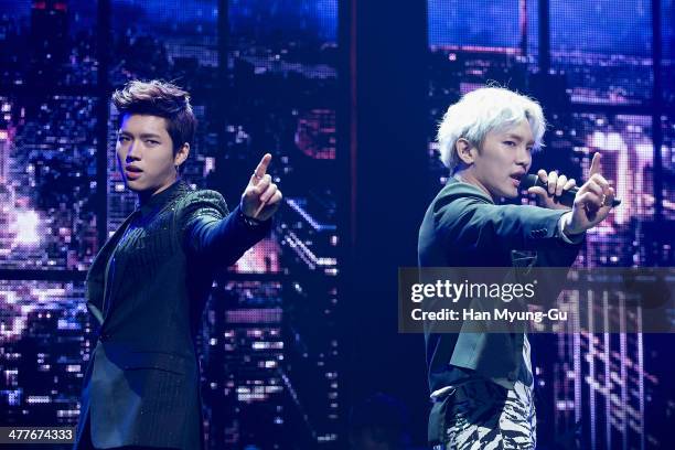 Key of South Korean boy band SHINee and Woohyun of South Korean boy band Infinite perform onstage during their first mini album the "Toheart" Woohyun...