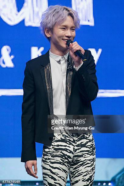 Key of South Korean boy band SHINee attends during his first mini album the "Toheart" Woohyun & Key Showcase at COEX Artium on March 10, 2014 in...