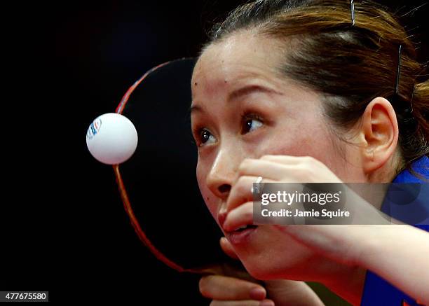 Jie Li of the Netherlands competes in the Women's Table Tennis Semifinals against Eva Odorova of Slovakia during day seven of the Baku 2015 European...