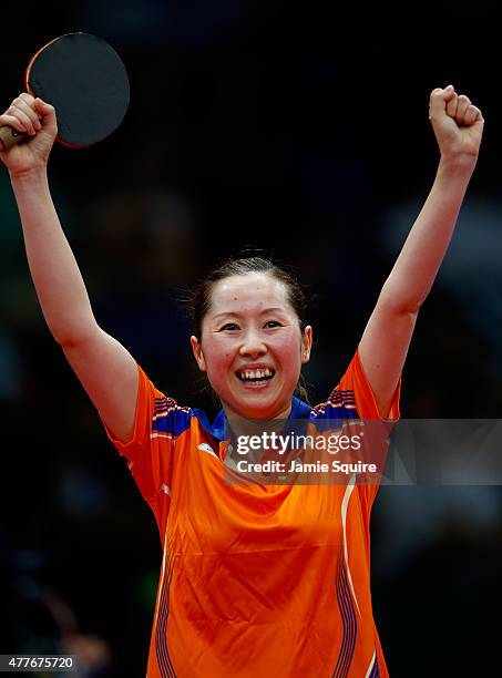 Jie Li of the Netherlands celebrates after defeating Eva Odorova of Slovakia in the Women's Table Tennis Semifinals during day seven of the Baku 2015...