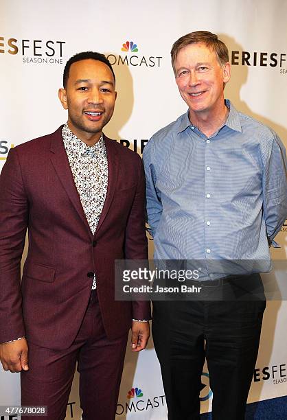 John Legend and Colorado Governor John Hickenlooper arrive at the opening night of SeriesFest at Red Rocks Amphitheatre on June 18, 2015 in Morrison,...