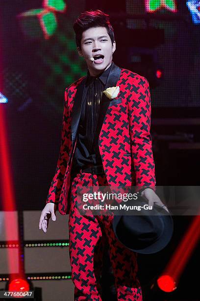 Woohyun of South Korean boy band Infinite performs onstage during his first mini album the "Toheart" Woohyun & Key Showcase at COEX Artium on March...