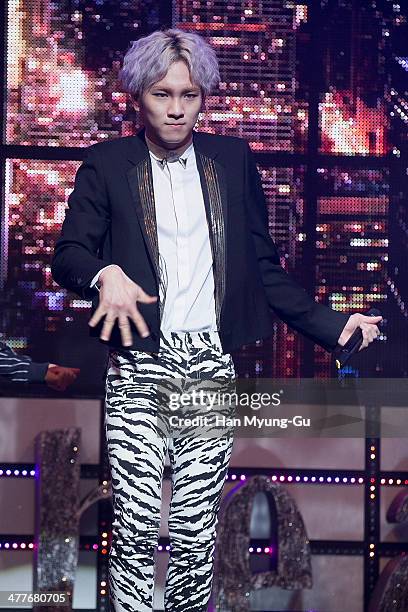 Key of South Korean boy band SHINee performs onstage during his first mini album the "Toheart" Woohyun & Key Showcase at COEX Artium on March 10,...