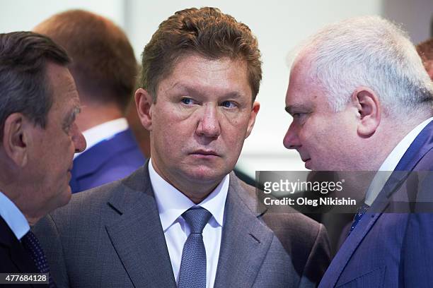 Former federal chancellor Gerhard Schroeder and CEO of Russian gas giant Gazprom, Alexei Miller attend SPIEF2015 Saint Petersburg International...