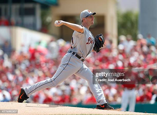 Max Scherzer of the Detroit Tigers throws the ball against the St Louis Cardinals during a spring training game at Roger Dean Stadium on March 10,...