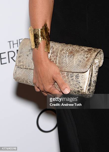 Selenis Leyva, handbag detail, attends "The Overnight" New York Premiere at Sunshine Landmark on June 18, 2015 in New York City.