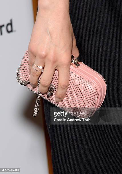 Actress Taylor Schilling, handbag detail, attends "The Overnight" New York Premiere at Sunshine Landmark on June 18, 2015 in New York City.