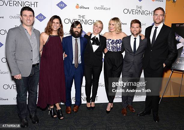 Paul Davidson, Naomi Scott, Jason Schwartzman, Judith Godreche, Taylor Schilling, Adam Scott and Patrick Brice attend "The Overnight" New York...