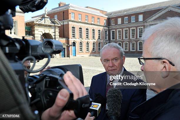 Northern Ireland Deputy First Minister Martin McGuinness speaks to media at the 24th British-Irish Council Summit at Dublin Castle on June 19, 2015...