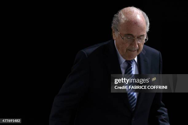 President Sepp Blatter leaves the stage during the 65th FIFA Congress in Zurich on May 29, 2015. AFP PHOTO / FABRICE COFFRINI