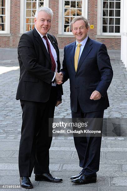 First Minister of Wales Carwyn Jones AM meets Irish Taoiseach Enda Kenny at the 24th British-Irish Council Summit at Dublin Castle on June 19, 2015...