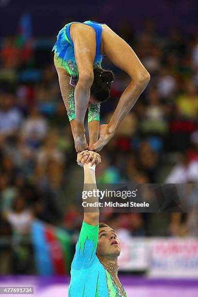 Ryan Bartlett and Hannah Baughn of Great Britain compete in the Acrobatic Gymnastics Mixed Pair All Around Final during day seven of the Baku 2015...