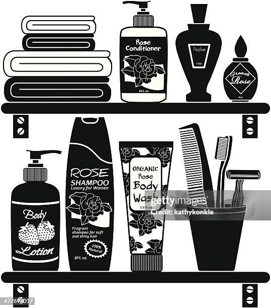 stockillustraties, clipart, cartoons en iconen met women's toiletries on a shelf in black and white - shampoo