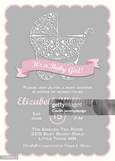 stockillustraties, clipart, cartoons en iconen met baby girl shower invitation - kinderkoets